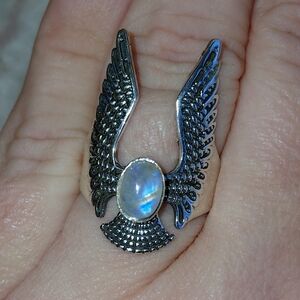 Silver Winged Moonstone Ring Size 7.75